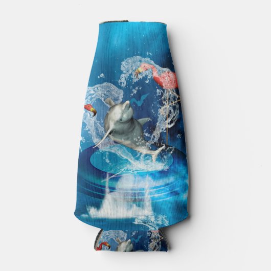 Sonniger Delphin springt von Herzen Flaschenkühler (Vorderseite)