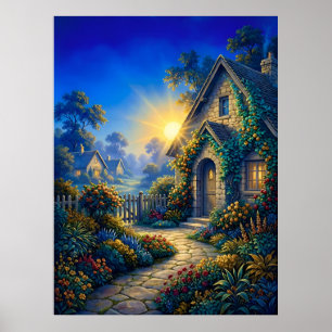 Sonniger Garten bei Tagesanbruch Poster