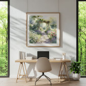 Sonniger Gartenweg mit Rosentrellis Poster