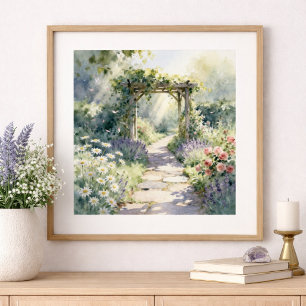 Sonniger Gartenweg mit Rosentrellis Poster