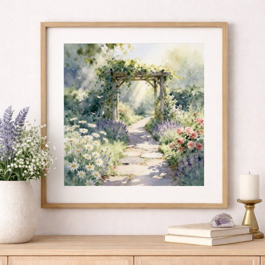 Sonniger Gartenweg mit Rosentrellis Poster