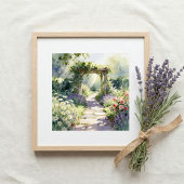 Sonniger Gartenweg mit Rosentrellis Poster