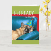 Sonniger Geburtstag, Hundeschlitten auf Couch mit Karte (Gelbe Blume)