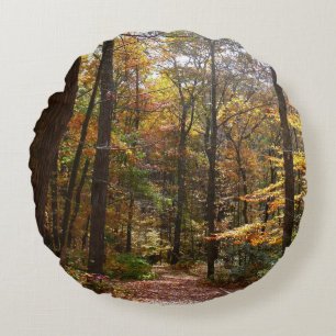 Sonniger Herbstweg im Laurel Hill State Park Rundes Kissen