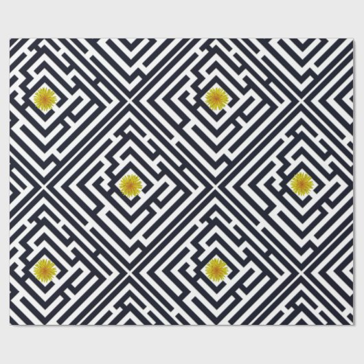 Sonniger Löwenzahn im schwarzen Labyrinth auf Geschenkpapier (Flach)