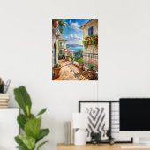 Sonniger mediterraner Balkon mit Meerblick Kunst Poster (Heimbüro)