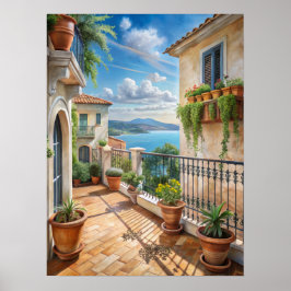 Sonniger mediterraner Balkon mit Meerblick Kunst Poster