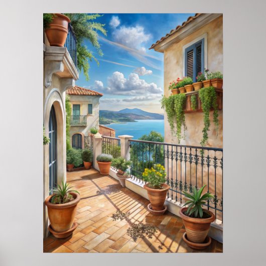 Sonniger mediterraner Balkon mit Meerblick Kunst Poster (Vorne)