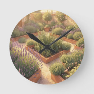 Sonniger Mittelmeer-Kräutergarten Lavendel Rosmari Runde Wanduhr