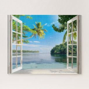 Sonniger Strand Blick aus dem Fenster Puzzle