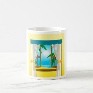 Sonniger Strandblick durch offenes Fenster Kaffeetasse