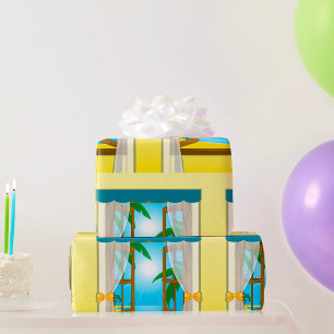 Sonniger Strandblick durchs offene Fenster Geschenkpapier