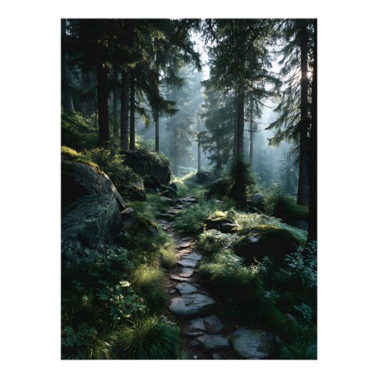 Sonniger Waldweg durch alte Kiefern Fotodruck (Vorne)