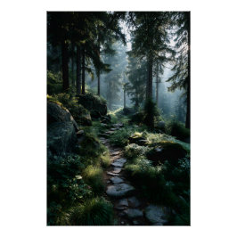 Sonniger Waldweg durch alte Kiefern Poster