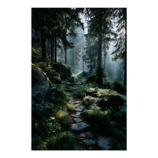 Sonniger Waldweg durch alte Kiefern Poster (Vorderseite)
