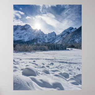 Sonniger Wintertag am schneebedeckten zugefrorenen Poster