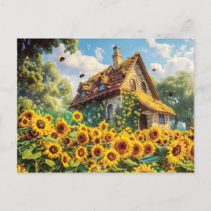 Sonniges Bauernhaus mit blühenden Sonnenblumen Postkarte