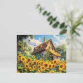 Sonniges Bauernhaus mit blühenden Sonnenblumen Postkarte (Stehend Vorderseite)