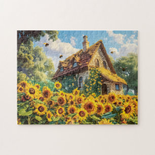 Sonniges Bauernhaus mit blühenden Sonnenblumen Puzzle