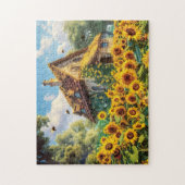 Sonniges Bauernhaus mit blühenden Sonnenblumen Puzzle (Vertikal)
