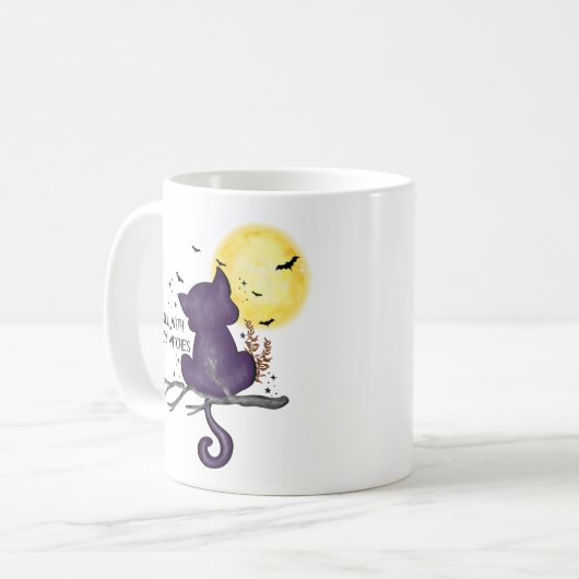 Sonniges Halloween Schwarze Katze und magischer Mo Kaffeetasse (Vorderseite Links)