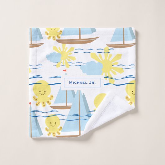 Sonniges Kindermuster, Boot, Kraken und Sonnenstuh Badhandtuch Set (Waschlappen)