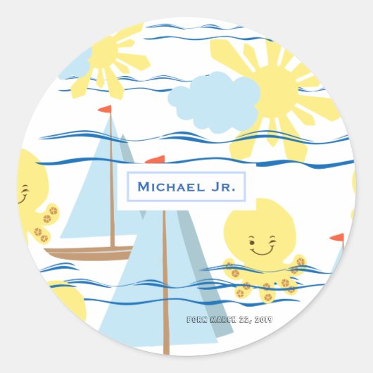 Sonniges Kindermuster, Boot, Kraken und Sonnenstuh Runder Aufkleber (Vorderseite)