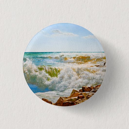Sonniges Meer mit donnernden Wellen Button (Vorderseite)