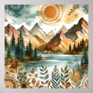 Sonniges Rustikales Boho Natur Muster Bergsee Poster