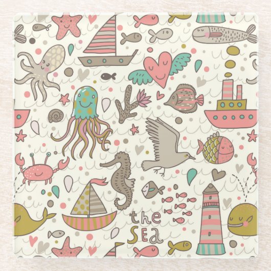 Sonniges Sommermuster mit Schiffen Glasuntersetzer (Vorderseite)