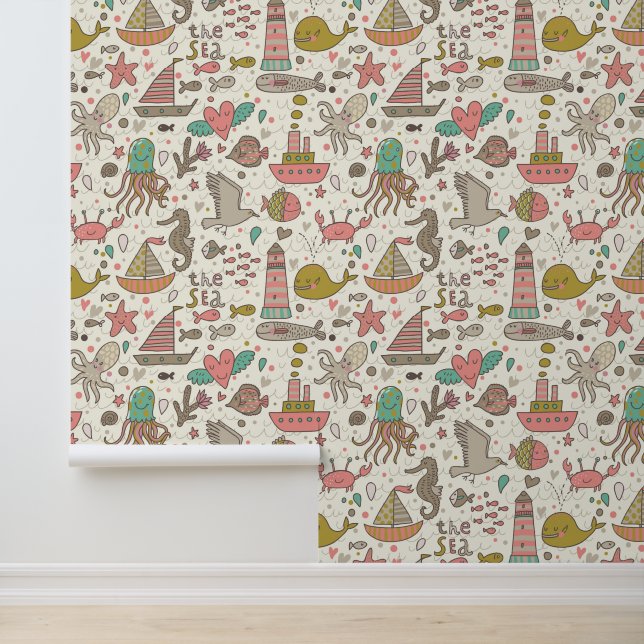 Sonniges Sommermuster mit Schiffen Tapete (Anwendung)