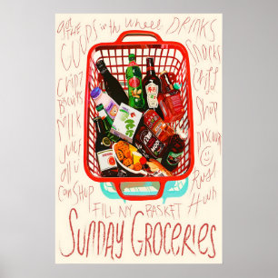 Sonntags-Einkäufe Druck Roter Einkaufskorb, Foodie Poster