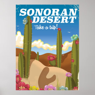 Sonoran Wüste Kaktus Cartoon Reiseplakat. Poster