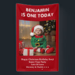 Sons First Birthday Party Foto Red Christmas Banner<br><div class="desc">Fügen Sie dem Weihnachtsgeburtssaal Ihr eigenes niedliches Foto hinzu. Weiß,  fett und lustig unter dem Foto auf einem roten Hintergrund. Ändern Sie den Text und das Foto,  indem Sie auf die Schaltfläche Personalisieren klicken.</div>