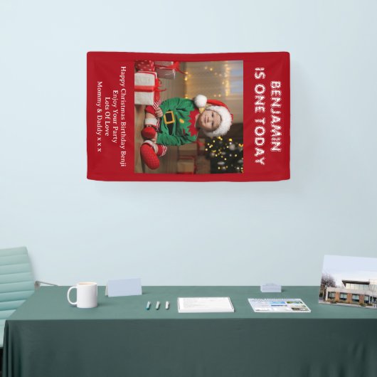 Sons First Birthday Party Foto Red Christmas Banner (Messe)
