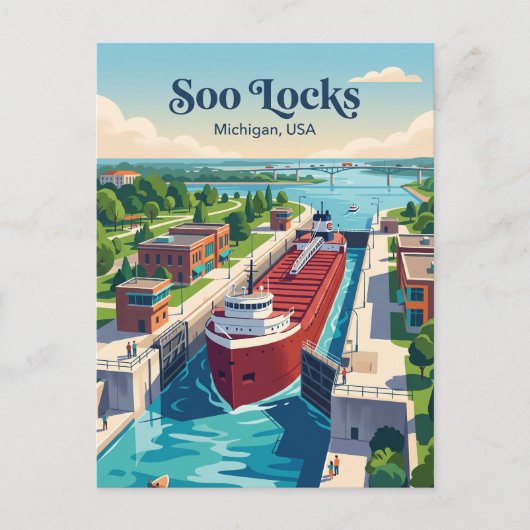 Soo Locks Michigan Postkarte (Vorderseite)