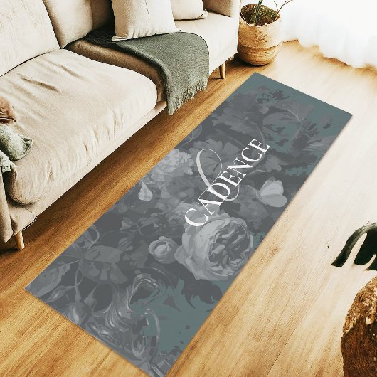 Soothing Slate Green Floral Typography Monogram Yogamatte