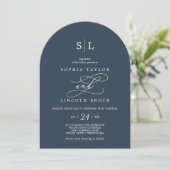 SOPHIA Arch Dark Blue Monogram Simple Navy Wedding Einladung (Stehend Vorderseite)