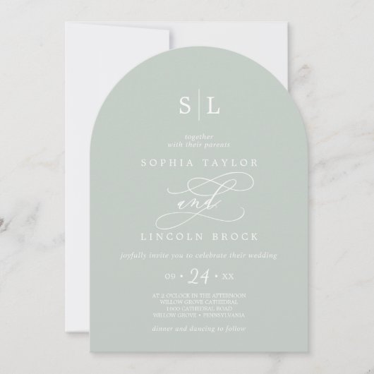 SOPHIA Arch Monogram Dusty Sage Gray Green Wedding Einladung (Vorderseite)