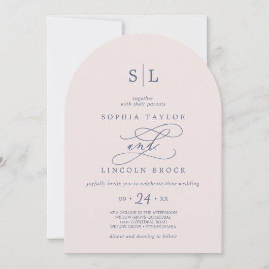 SOPHIA Arch Monogram Rosa Blush and Navy Wedding Einladung (Vorderseite)