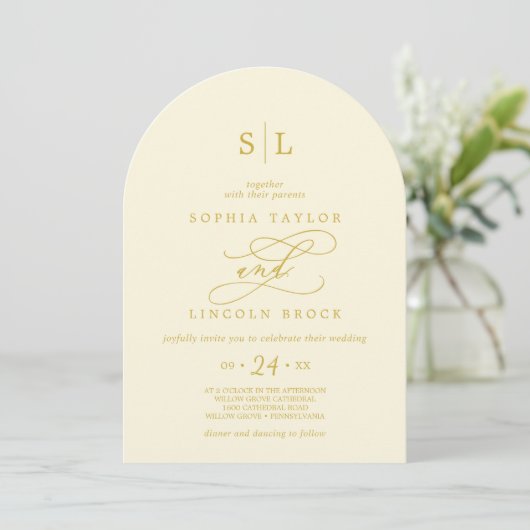 SOPHIA Arch Simple Cream Butter Yellow Wedding Einladung (Stehend Vorderseite)