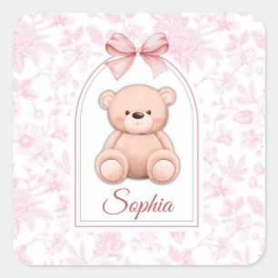 Sophia   Benutzerdefiniertes rosa Teddy-Bär-Kinder Quadratischer Aufkleber