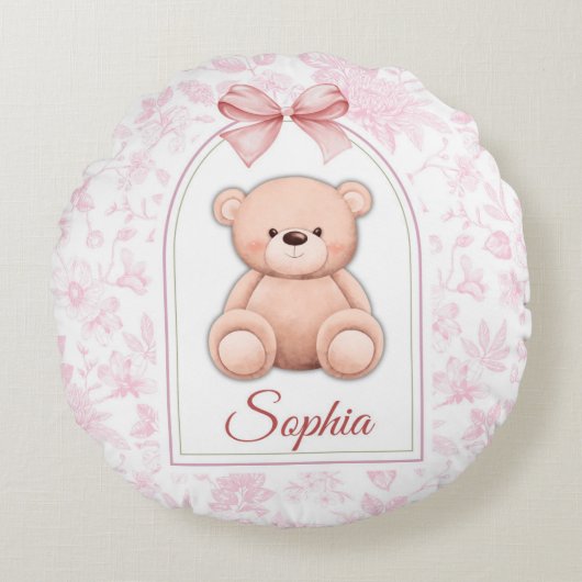 Sophia | Benutzerdefiniertes rosa Teddy-Bär-Kinder Rundes Kissen (Vorderseite)