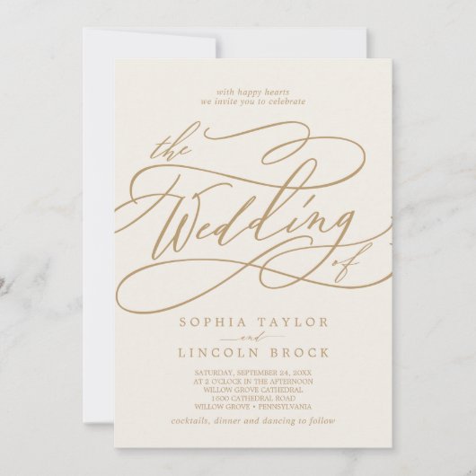 SOPHIA Gold Cream Elegante Extravagante Script Hoc Einladung (Vorderseite)