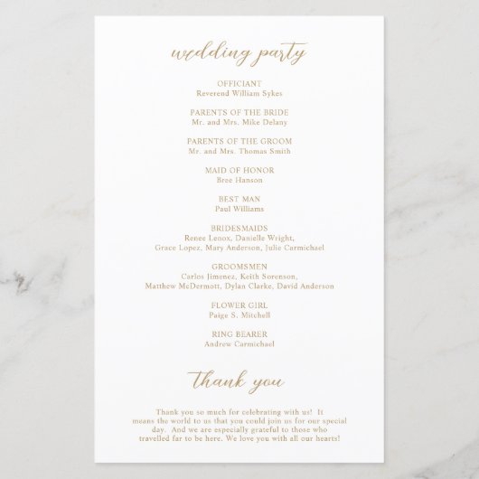 Sophia Gold Modern Wedding Program (Rückseite)