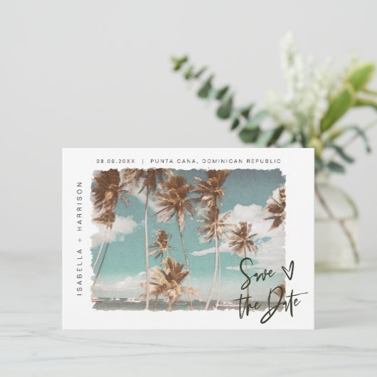SOPHIA | Island Beach Tropical Palm Save the Date Einladung (Stehend Vorderseite)