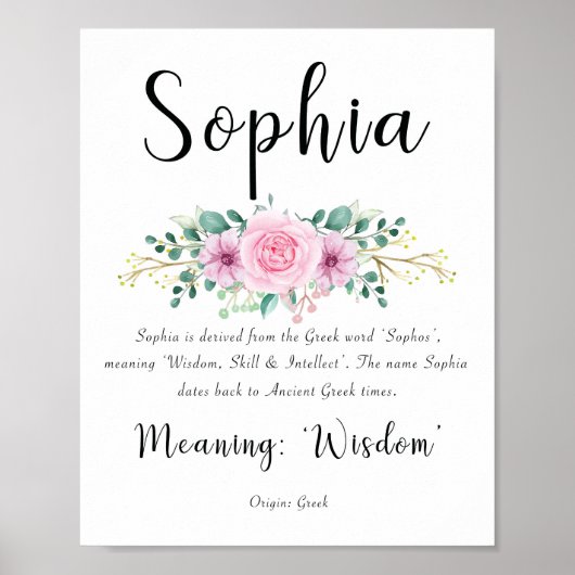 Sophia-Name bedeutet Print mit rosa Blume 8x10 Poster (Vorne)