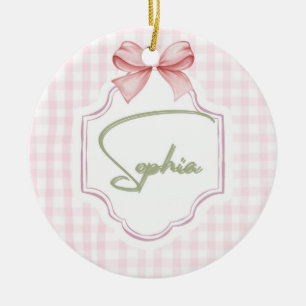 Sophia Personalisiert Pink Bow & Gingham Print Keramik Ornament