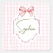 Sophia Personalisiert Pink Bow & Gingham Print Quadratischer Aufkleber (Vorderseite)
