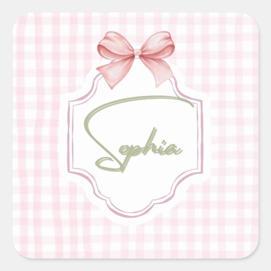 Sophia Personalisiert Pink Bow & Gingham Print Quadratischer Aufkleber (Vorderseite)
